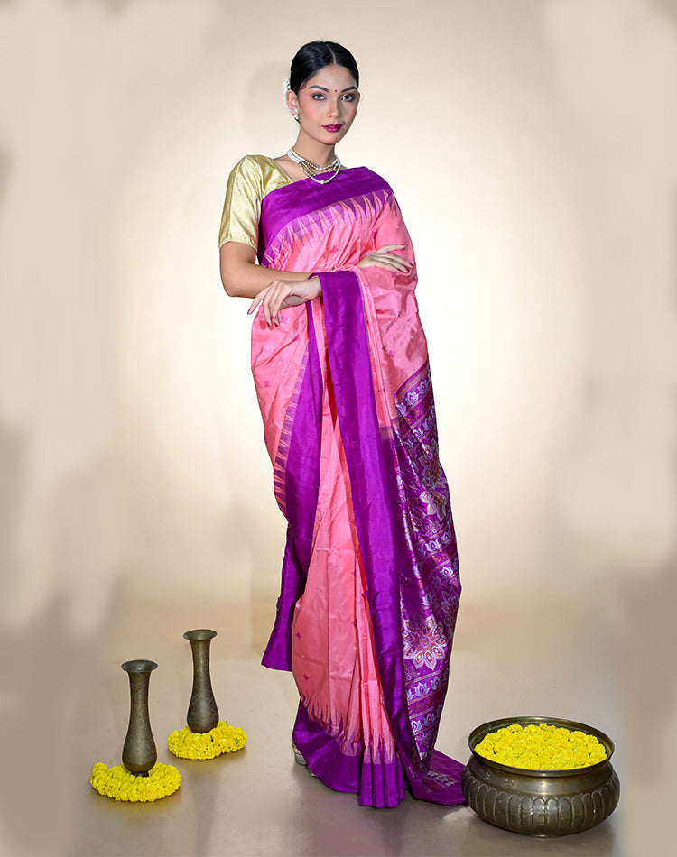 Bomkai Silk Saree – Pink with Purple Border | Odisha Extra‑Weft | 100% Pure Silk