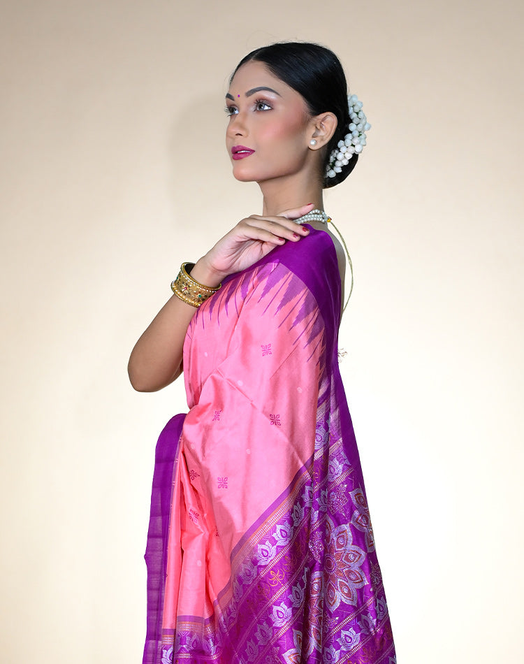 Bomkai Silk Saree – Pink with Purple Border | Odisha Extra‑Weft | 100% Pure Silk