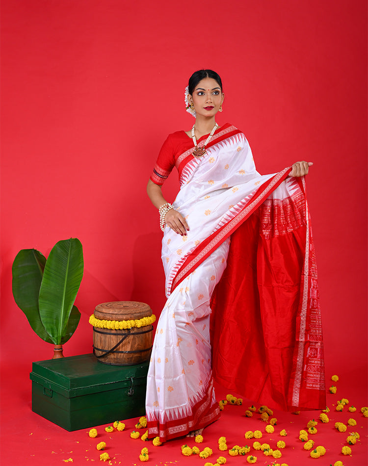 Bomkai Silk Saree – White with Red Border | Odisha Extra‑Weft | 100% Pure Silk