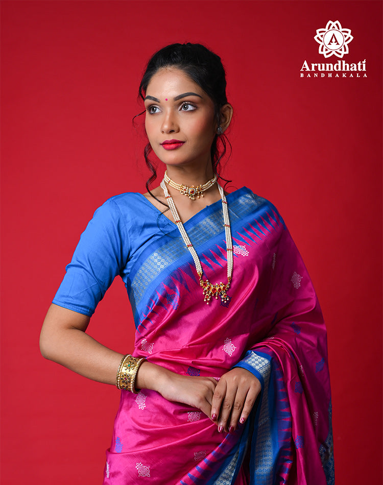 Handwoven Silk Bomkai Saree – Magenta with Blue Border | Odisha Extra‑Weft | 100% Pure Silk