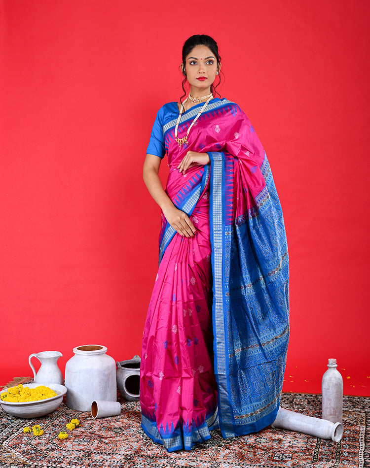 Handwoven Silk Bomkai Saree – Magenta with Blue Border | Odisha Extra‑Weft | 100% Pure Silk
