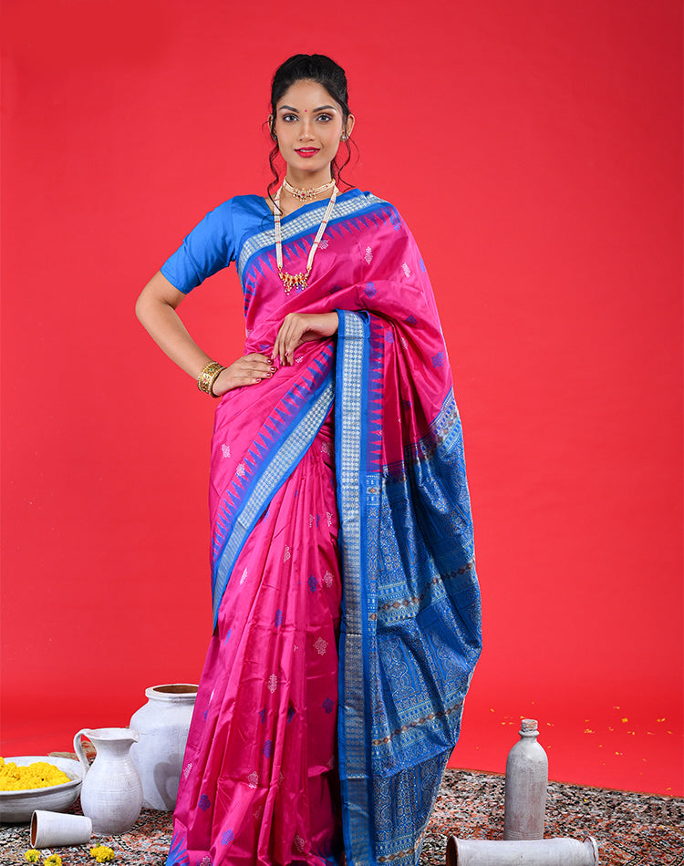 Handwoven Silk Bomkai Saree – Magenta with Blue Border | Odisha Extra‑Weft | 100% Pure Silk