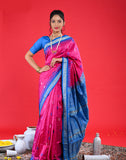 Handwoven Silk Bomkai Saree – Magenta with Blue Border | Odisha Extra‑Weft | 100% Pure Silk