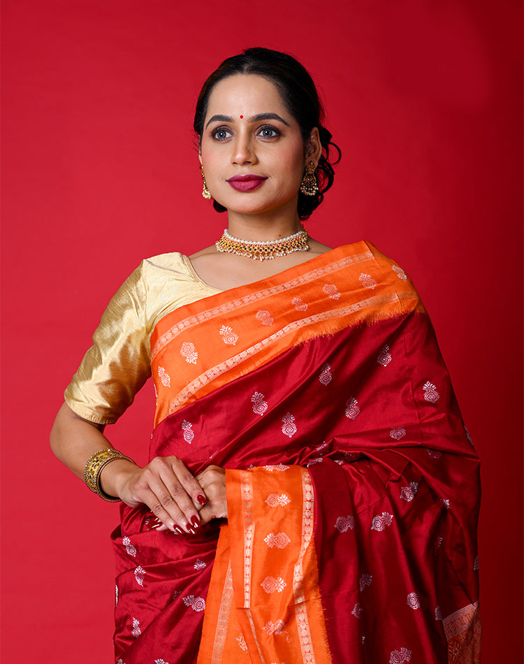 Bomkai Silk Saree – Maroon with Orange Border & Pallu, 100% Pure Silk
