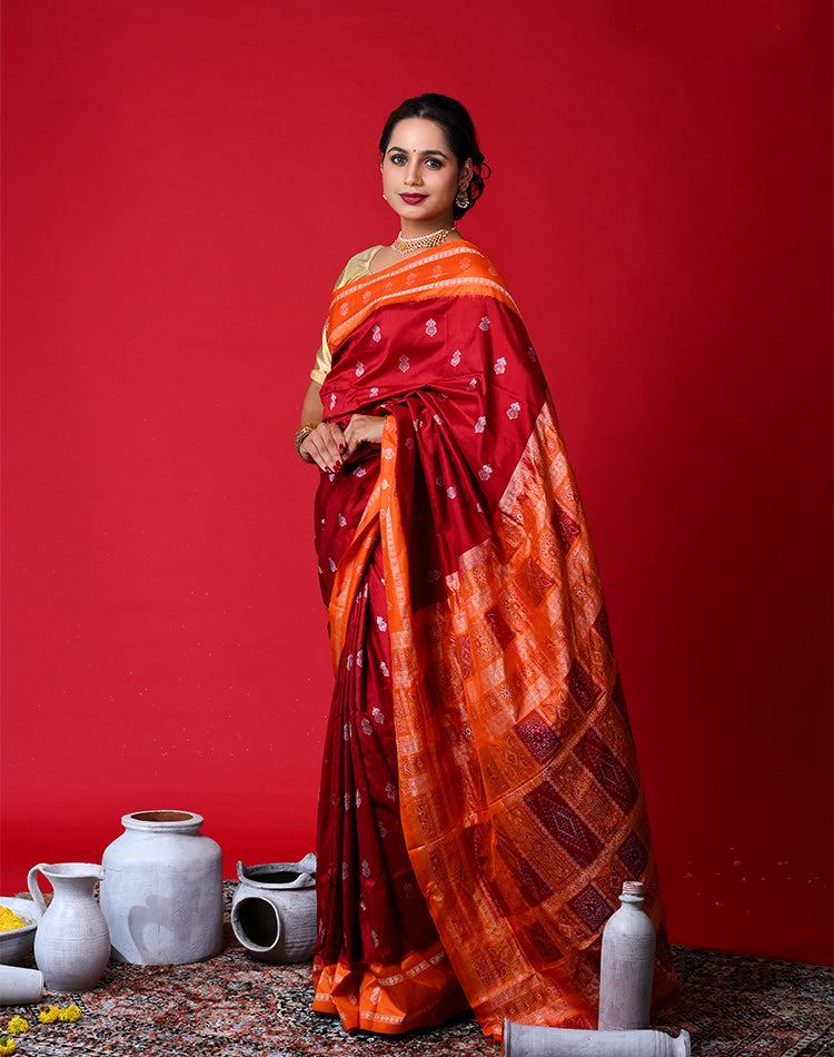 Bomkai Silk Saree – Maroon with Orange Border & Pallu, 100% Pure Silk