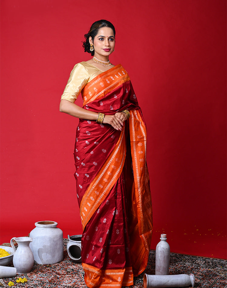 Bomkai Silk Saree – Maroon with Orange Border & Pallu, 100% Pure Silk