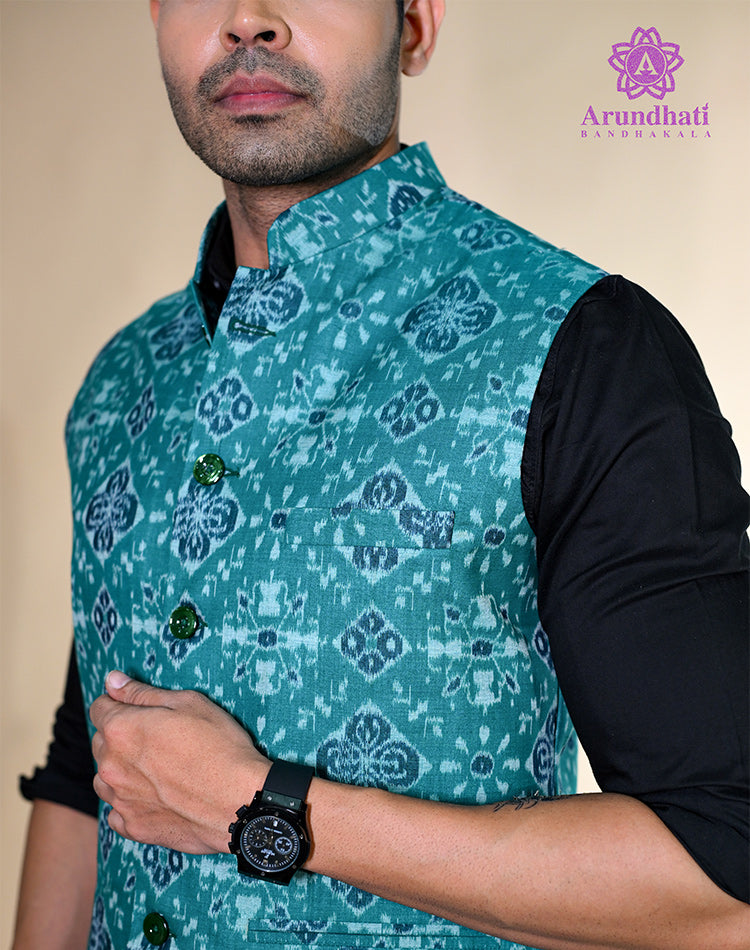 Cotton Bundi Jacket – Teal Ikat Motifs | 100% Cotton | Mandarin Collar