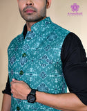 Cotton Bundi Jacket – Teal Ikat Motifs | 100% Cotton | Mandarin Collar