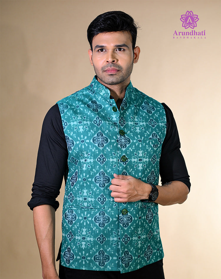 Cotton Bundi Jacket – Teal Ikat Motifs | 100% Cotton | Mandarin Collar