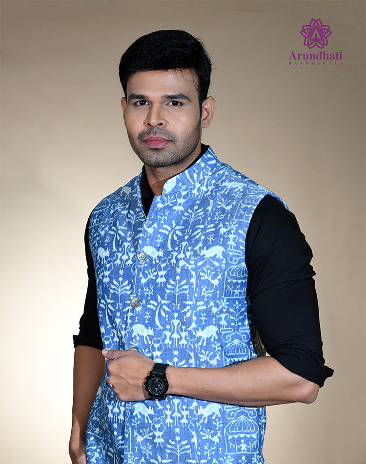 Cotton Bundi Jacket – Blue Odisha Ikat | 100% Cotton | Mandarin Collar