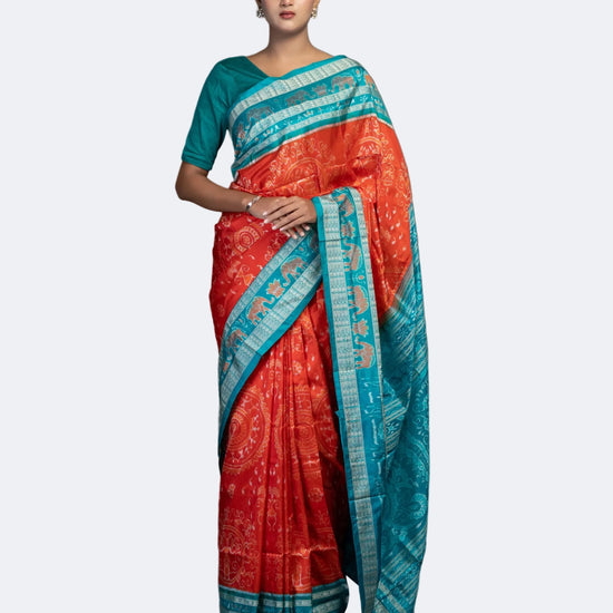 Saffron & Turquoise Sonepuri Mulberry Silk Ikat Saree - Full drape view