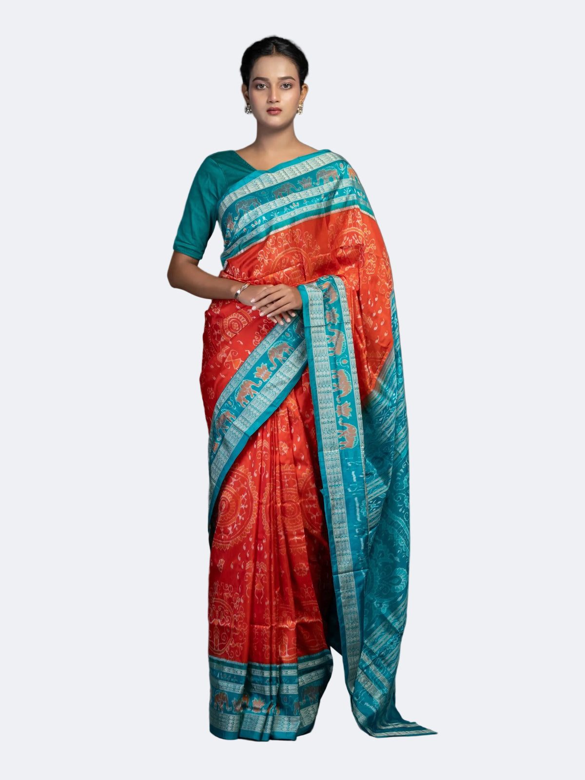 Saffron & Turquoise Sonepuri Mulberry Silk Ikat Saree - Full drape view