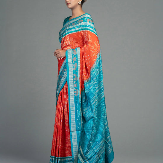 Saffron & Turquoise Sonepuri Mulberry Silk Ikat Saree - Border and weave close-up