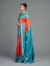 Saffron & Turquoise Sonepuri Mulberry Silk Ikat Saree - Border and weave close-up