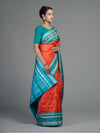 Saffron & Turquoise Sonepuri Mulberry Silk Ikat Saree - Pallu and anchal detail