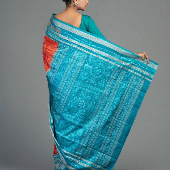 Saffron & Turquoise Sonepuri Mulberry Silk Ikat Saree - Body motifs and craftsmanship