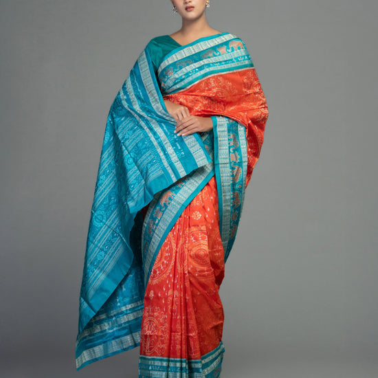 Saffron & Turquoise Sonepuri Mulberry Silk Ikat Saree - Fabric texture and drape