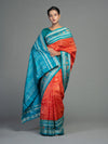 Saffron & Turquoise Sonepuri Mulberry Silk Ikat Saree - Fabric texture and drape