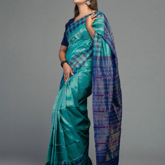 Turquoise Extra Weft Cotton Tissue Ikat Saree - Body motifs and craftsmanship