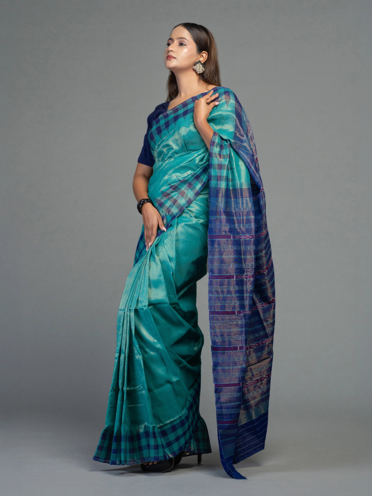 Turquoise Extra Weft Cotton Tissue Ikat Saree - Body motifs and craftsmanship