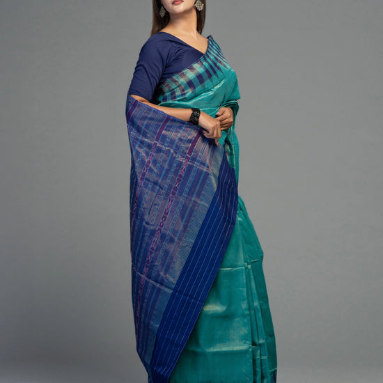 Turquoise Extra Weft Cotton Tissue Ikat Saree - Fabric texture and drape
