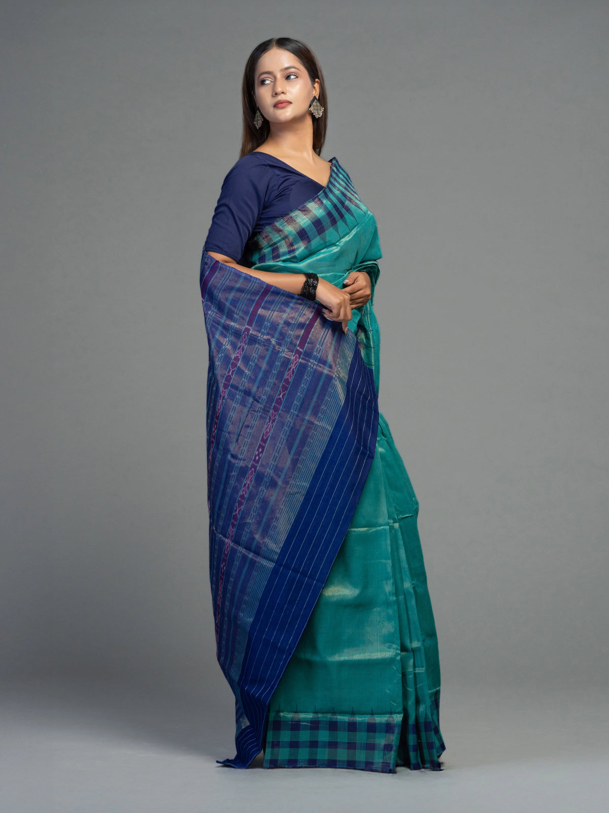 Turquoise Extra Weft Cotton Tissue Ikat Saree - Fabric texture and drape