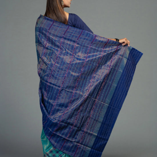 Turquoise Extra Weft Cotton Tissue Ikat Saree - Border and weave close-up
