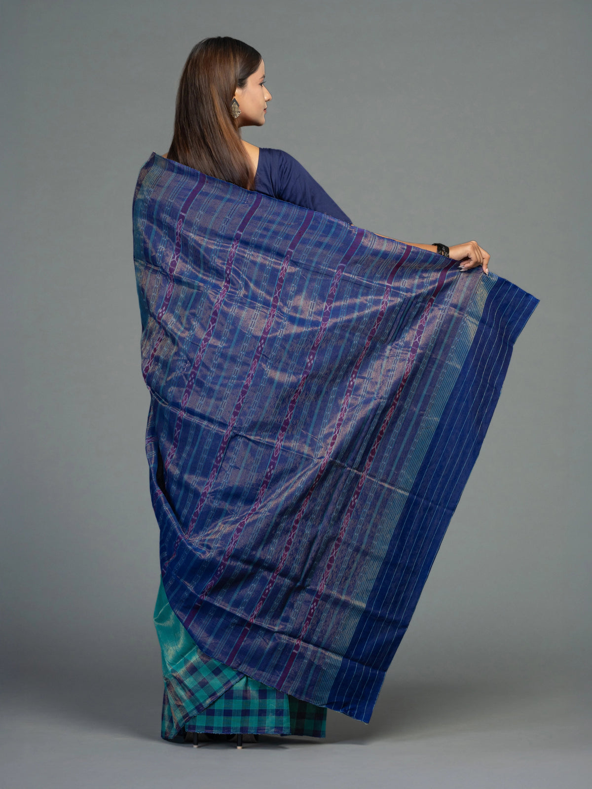 Turquoise Extra Weft Cotton Tissue Ikat Saree - Border and weave close-up