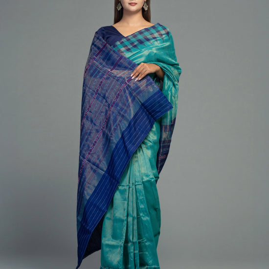 Turquoise Extra Weft Cotton Tissue Ikat Saree - Pallu and anchal detail