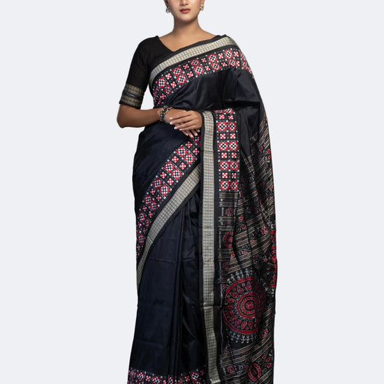 Black Pure Mulberry Silk Double Ikat Saree - Full drape view