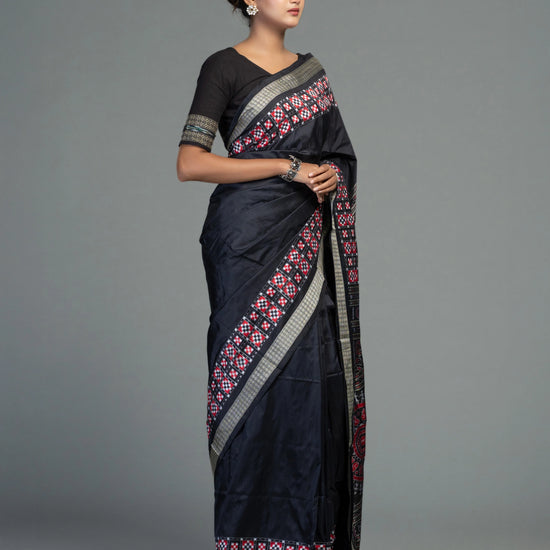 Black Pure Mulberry Silk Double Ikat Saree - Border and weave close-up