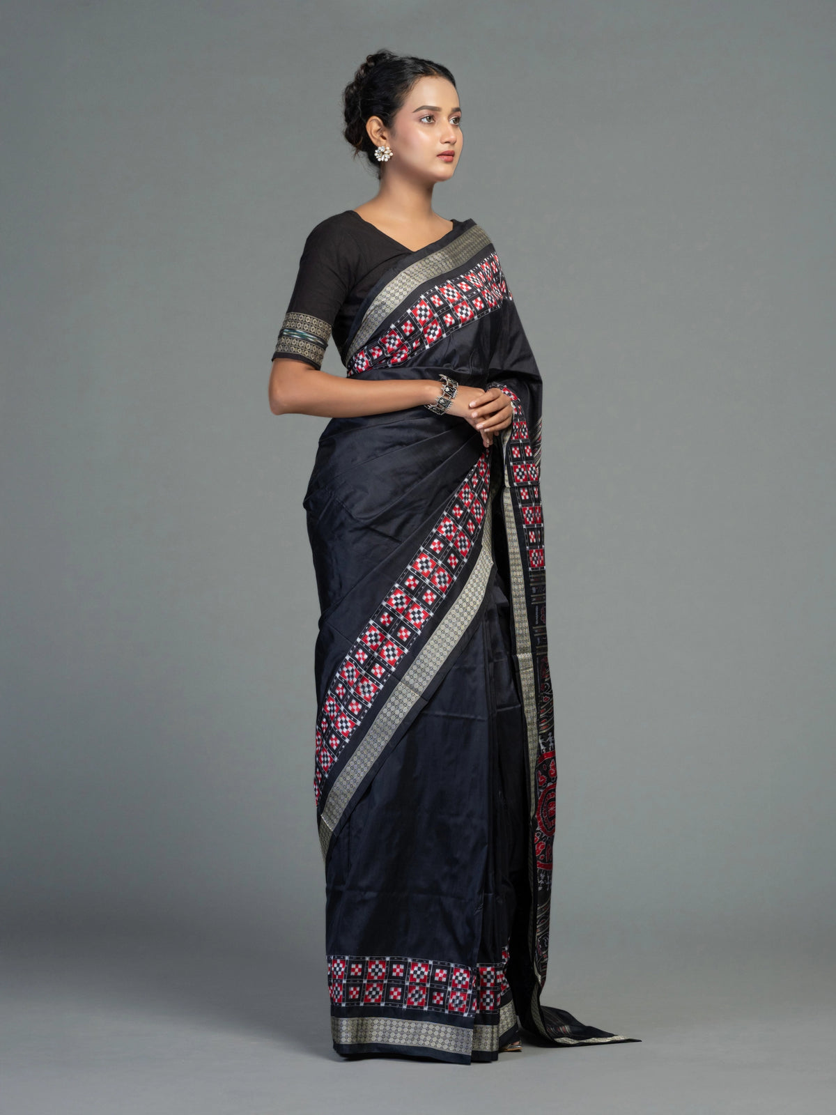 Black Pure Mulberry Silk Double Ikat Saree - Border and weave close-up