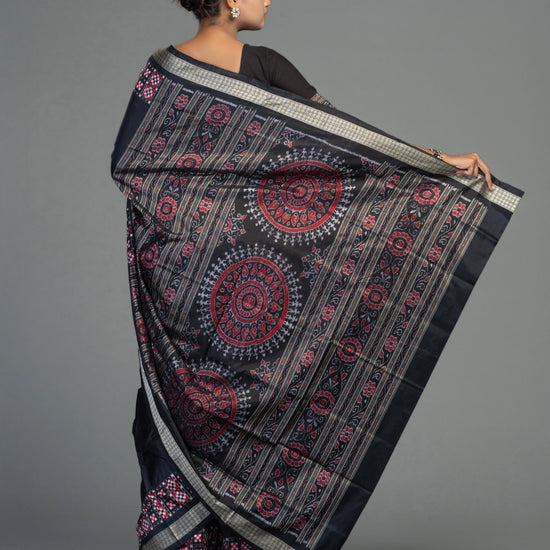 Black Pure Mulberry Silk Double Ikat Saree - Fabric texture and drape