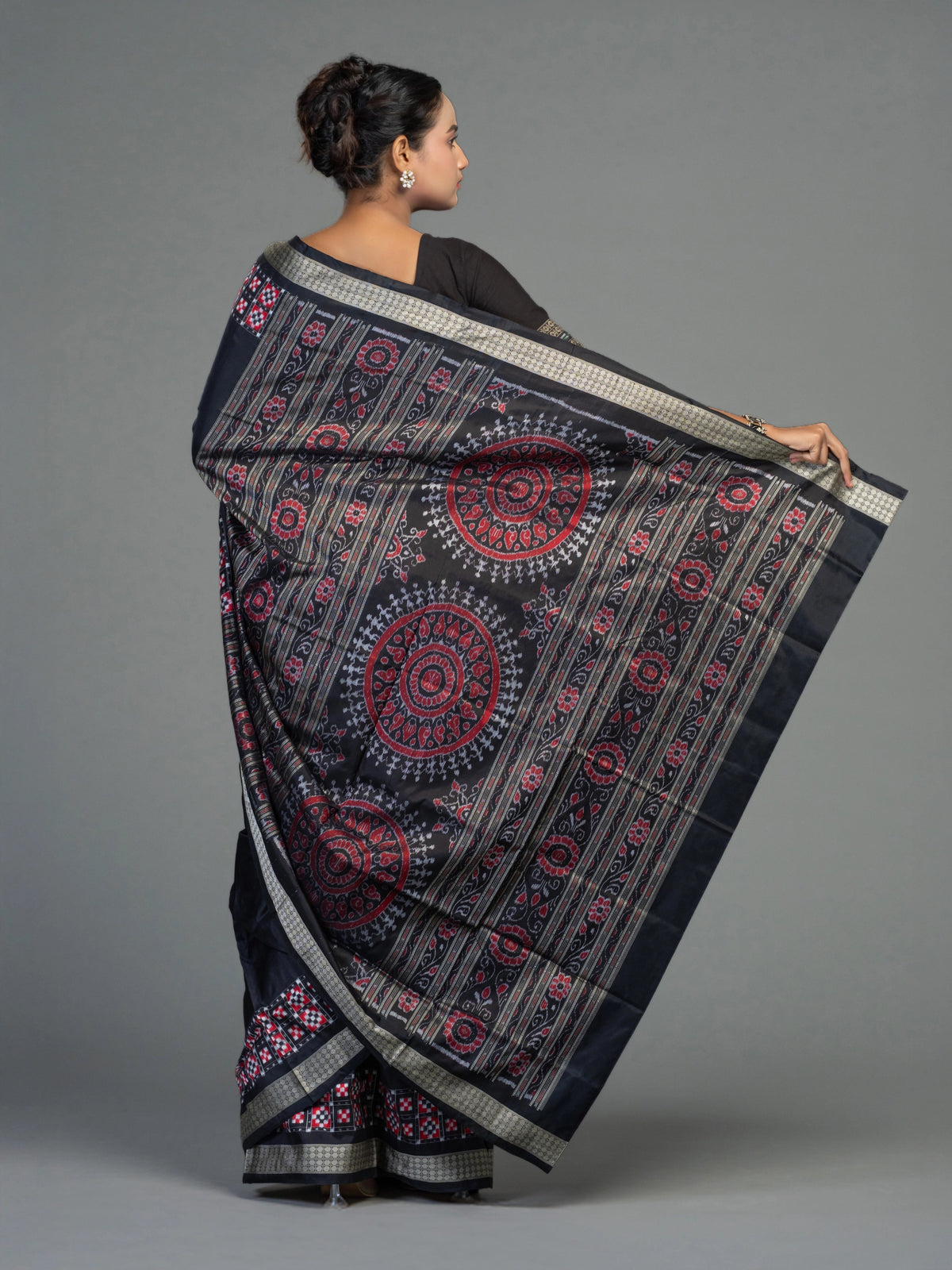Black Pure Mulberry Silk Double Ikat Saree - Fabric texture and drape