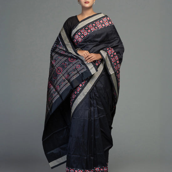 Black Pure Mulberry Silk Double Ikat Saree - Body motifs and craftsmanship