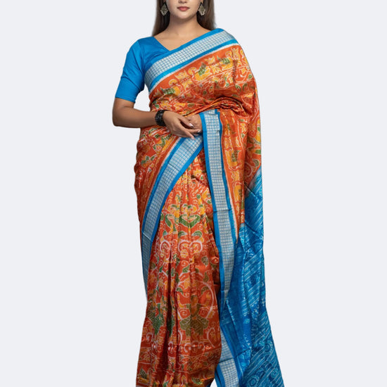 Orange & Blue Mulberry Silk Ikat Saree with Dancer Motifs - Full drape view