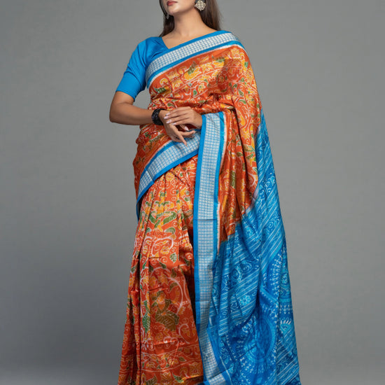 Orange & Blue Mulberry Silk Ikat Saree with Dancer Motifs - Border and weave close-up