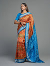 Orange & Blue Mulberry Silk Ikat Saree with Dancer Motifs - Border and weave close-up