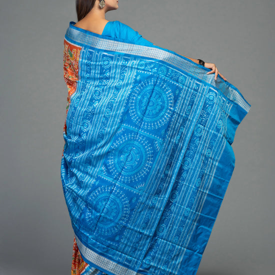 Orange & Blue Mulberry Silk Ikat Saree with Dancer Motifs - Pallu and anchal detail
