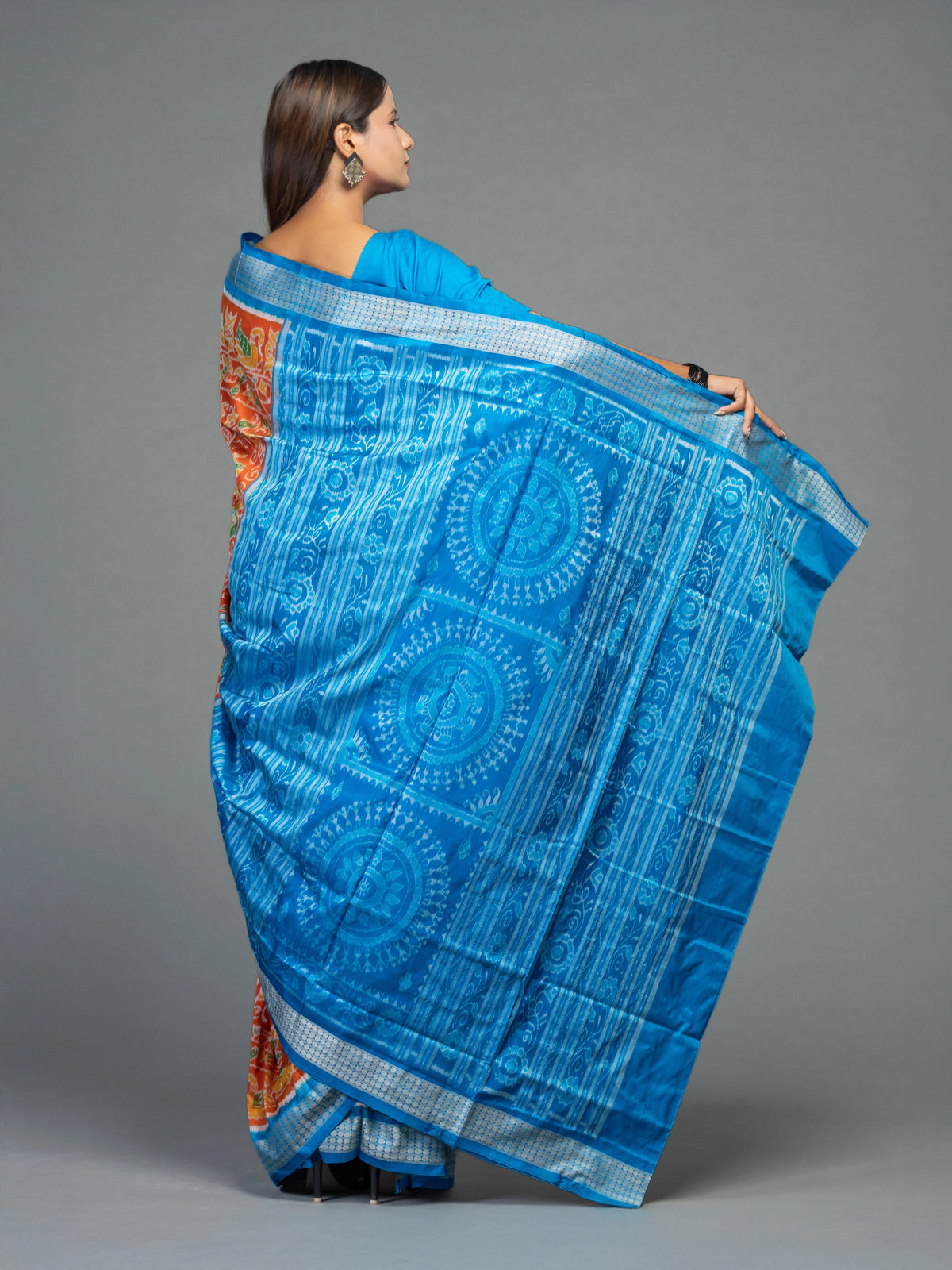 Orange & Blue Mulberry Silk Ikat Saree with Dancer Motifs - Pallu and anchal detail