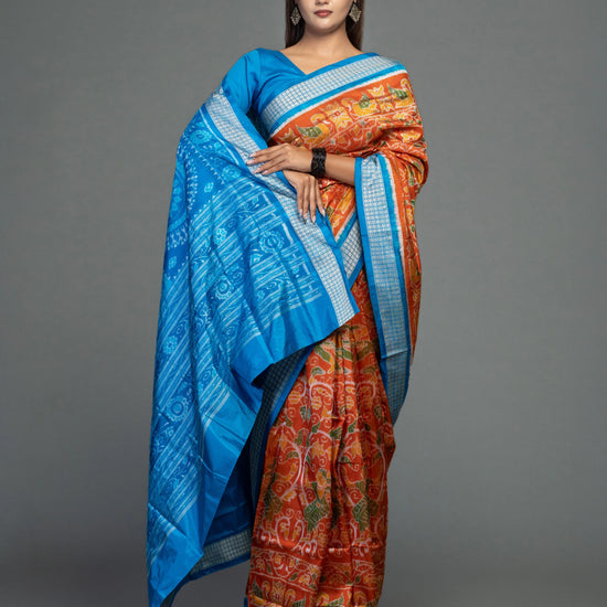 Orange & Blue Mulberry Silk Ikat Saree with Dancer Motifs - Handloom detail shot