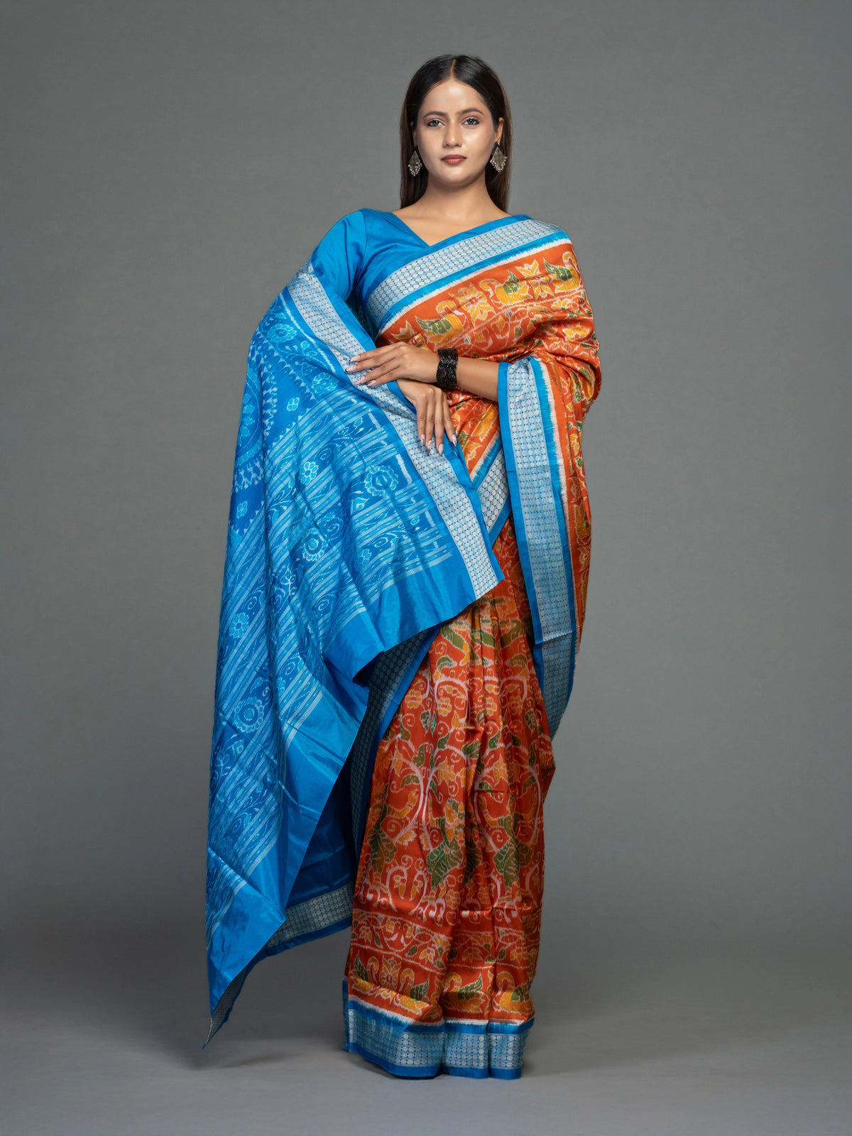 Orange & Blue Mulberry Silk Ikat Saree with Dancer Motifs - Handloom detail shot