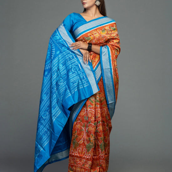 Orange & Blue Mulberry Silk Ikat Saree with Dancer Motifs - Body motifs and craftsmanship