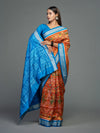 Orange & Blue Mulberry Silk Ikat Saree with Dancer Motifs - Body motifs and craftsmanship