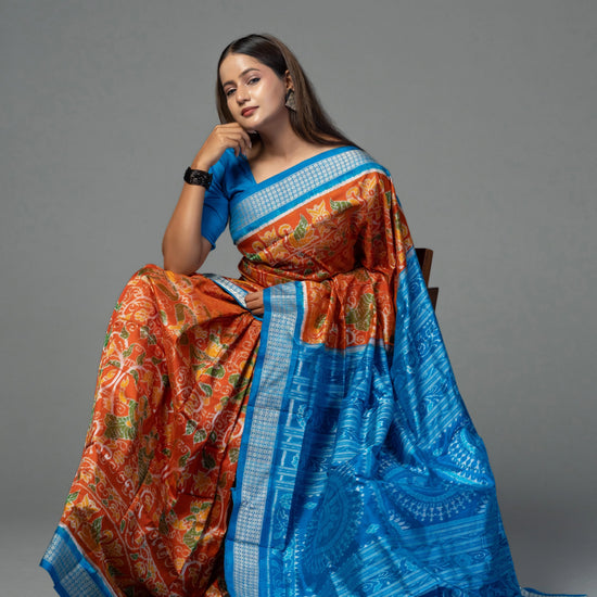 Orange & Blue Mulberry Silk Ikat Saree with Dancer Motifs - Fabric texture and drape