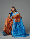 Orange & Blue Mulberry Silk Ikat Saree with Dancer Motifs - Fabric texture and drape