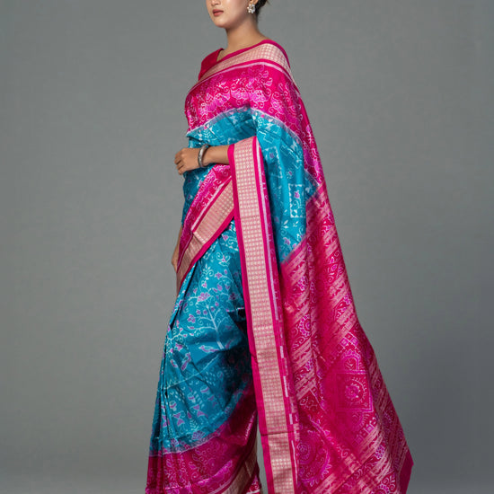 Magenta & Turquoise Mulberry Silk Single Ikat Saree - Body motifs and craftsmanship