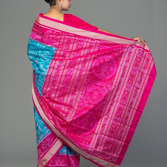 Magenta & Turquoise Mulberry Silk Single Ikat Saree - Border and weave close-up