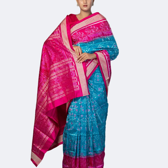 Magenta & Turquoise Mulberry Silk Single Ikat Saree - Full drape view