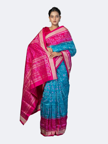 Magenta & Turquoise Mulberry Silk Single Ikat Saree - Full drape view